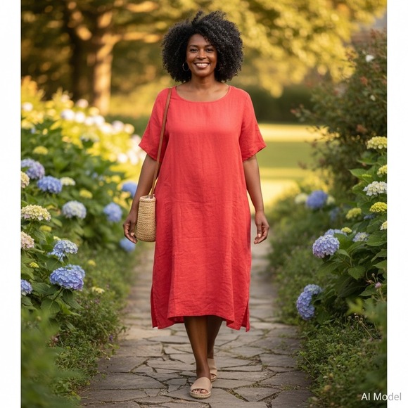 Eileen Fisher Dresses & Skirts - Eileen Fisher Shift Dress Womens Medium Red Organic Linen Short Sleeve Midi S23